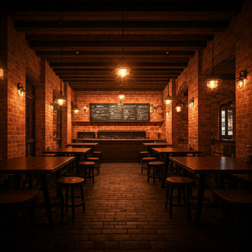 Pasillo oscuro con luz cálida del restaurante