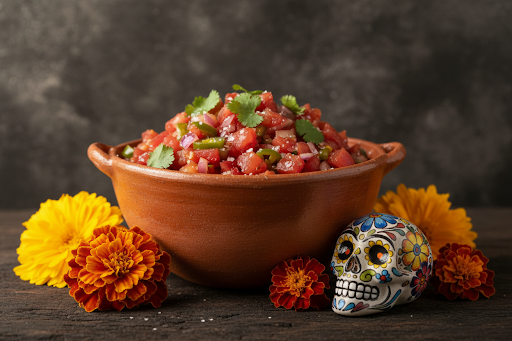 Salsa fresca servida en molcajete con flores de cempasúchil