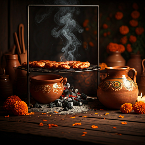 Cazuela tradicional con humo sobre una mesa de cocina